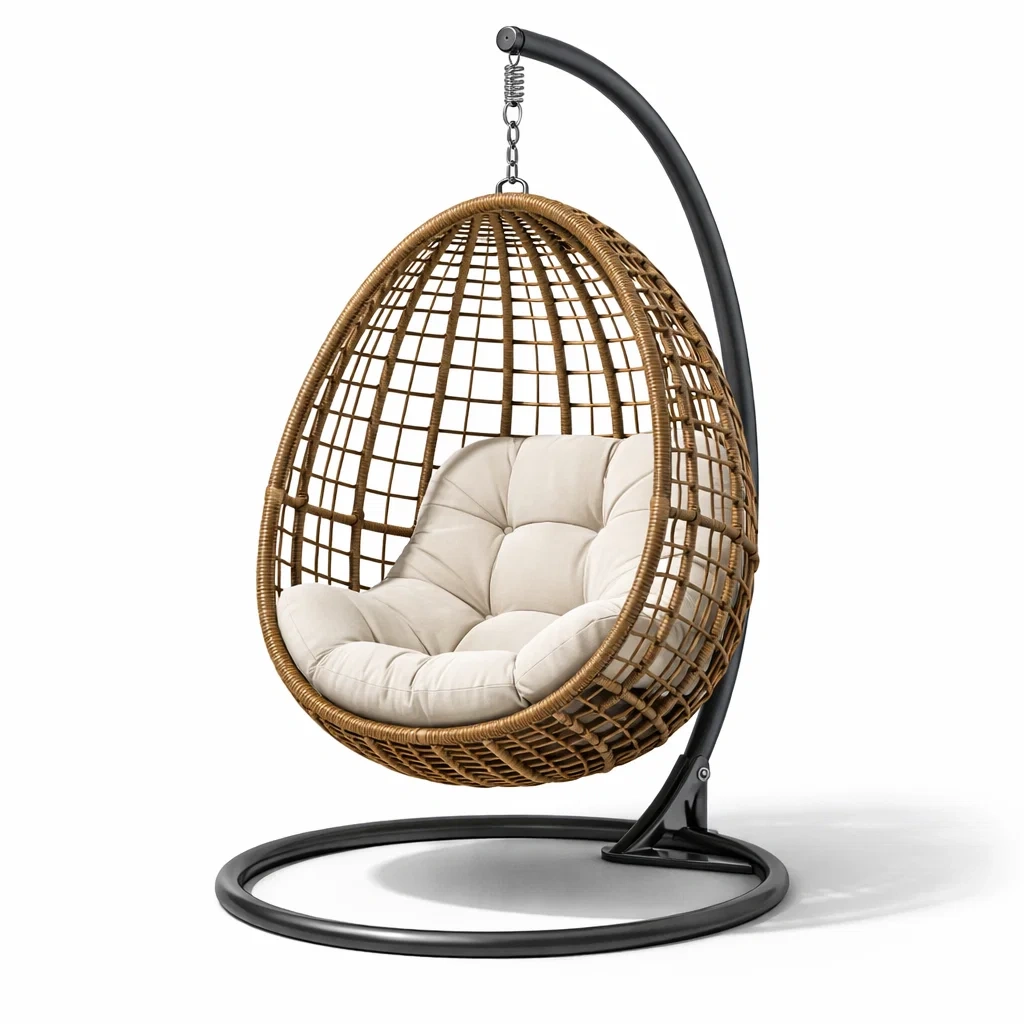 Eiförmiger hängesessel mit gestell aus rattan mit stahlrahmen und kissen beige-nestgalleryco