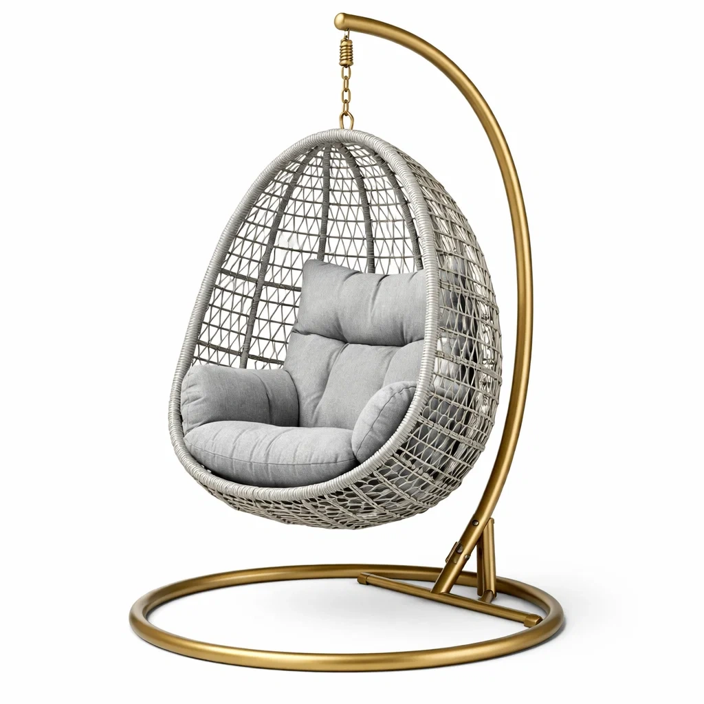 Eiförmiger hängesessel mit gestell aus polyrattan grau und gold mit stahlgestell-nestgalleryco
