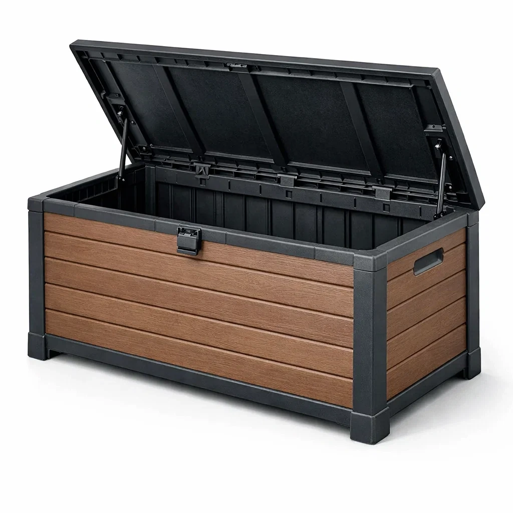 Gartenaufbewahrungsbox aus kunststoff in holzoptik braun 120x56x63 cm-nestgalleryco