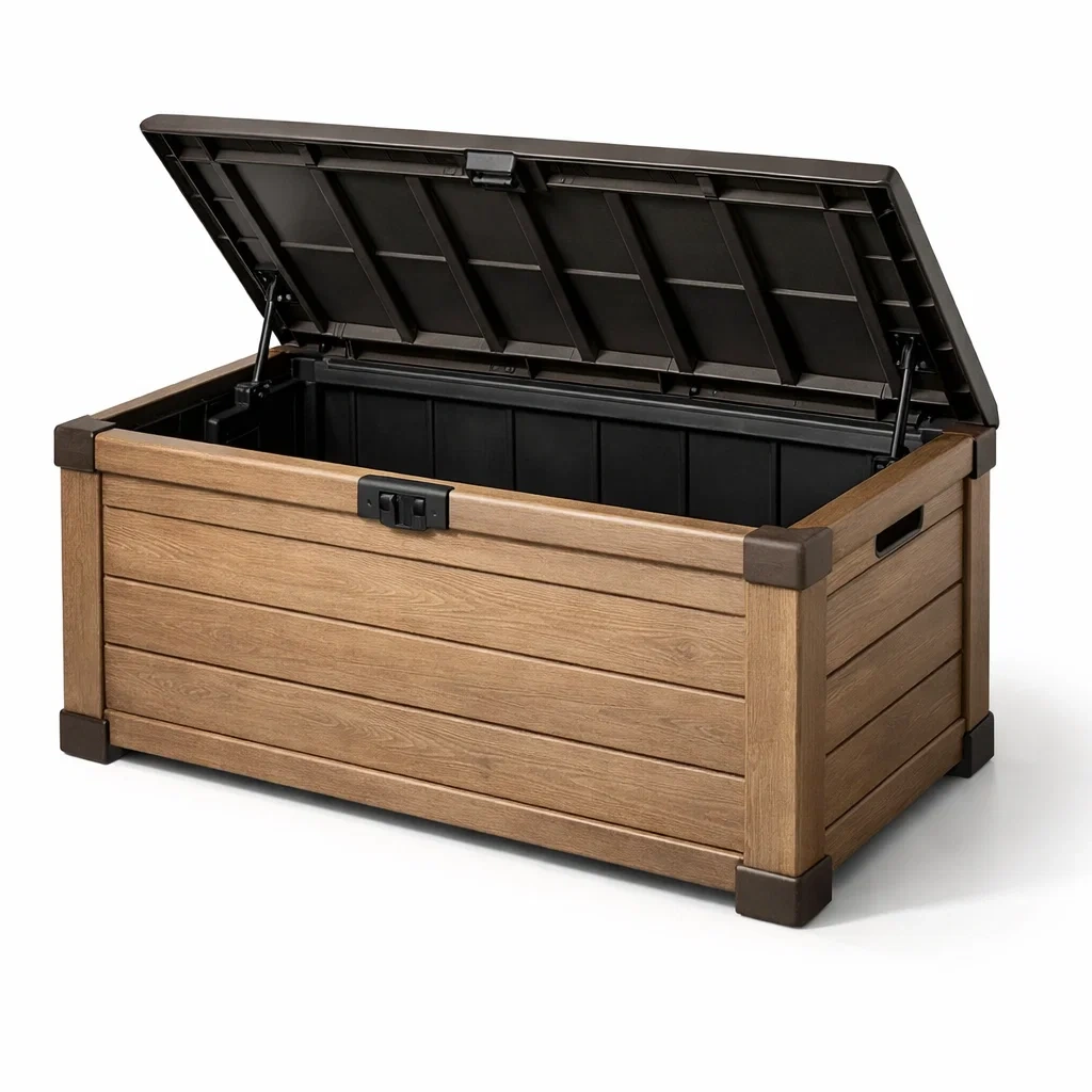 Gartenaufbewahrungsbox aus kunststoff in holzoptik braun 120x55x60 cm-nestgalleryco