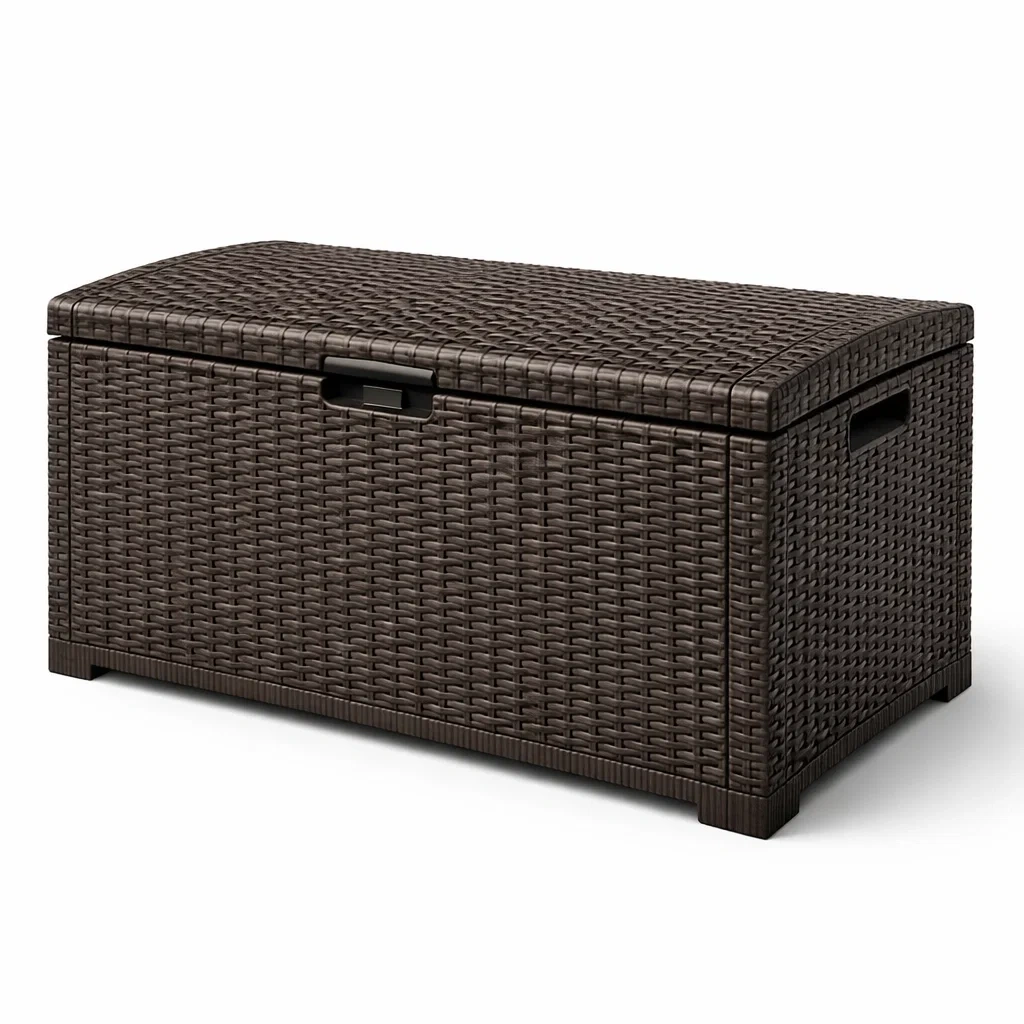Gartenaufbewahrungsbox aus kunststoff in rattanoptik braun 117x45x57 cm-nestgalleryco