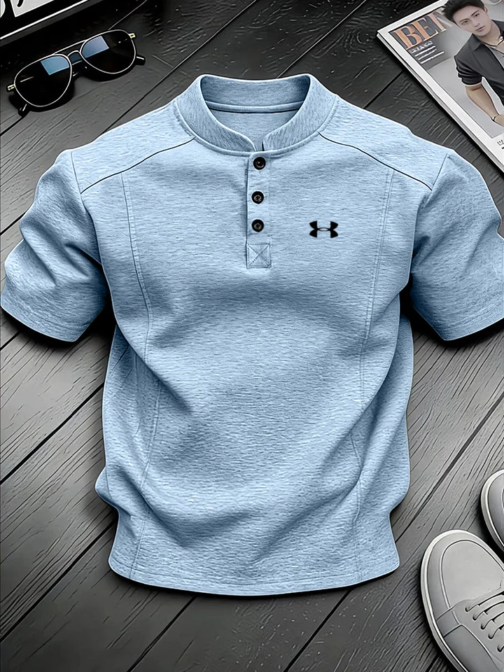 Men's Stand-up Collar Button-down Design Casual Short-sleeved Henley Shirt