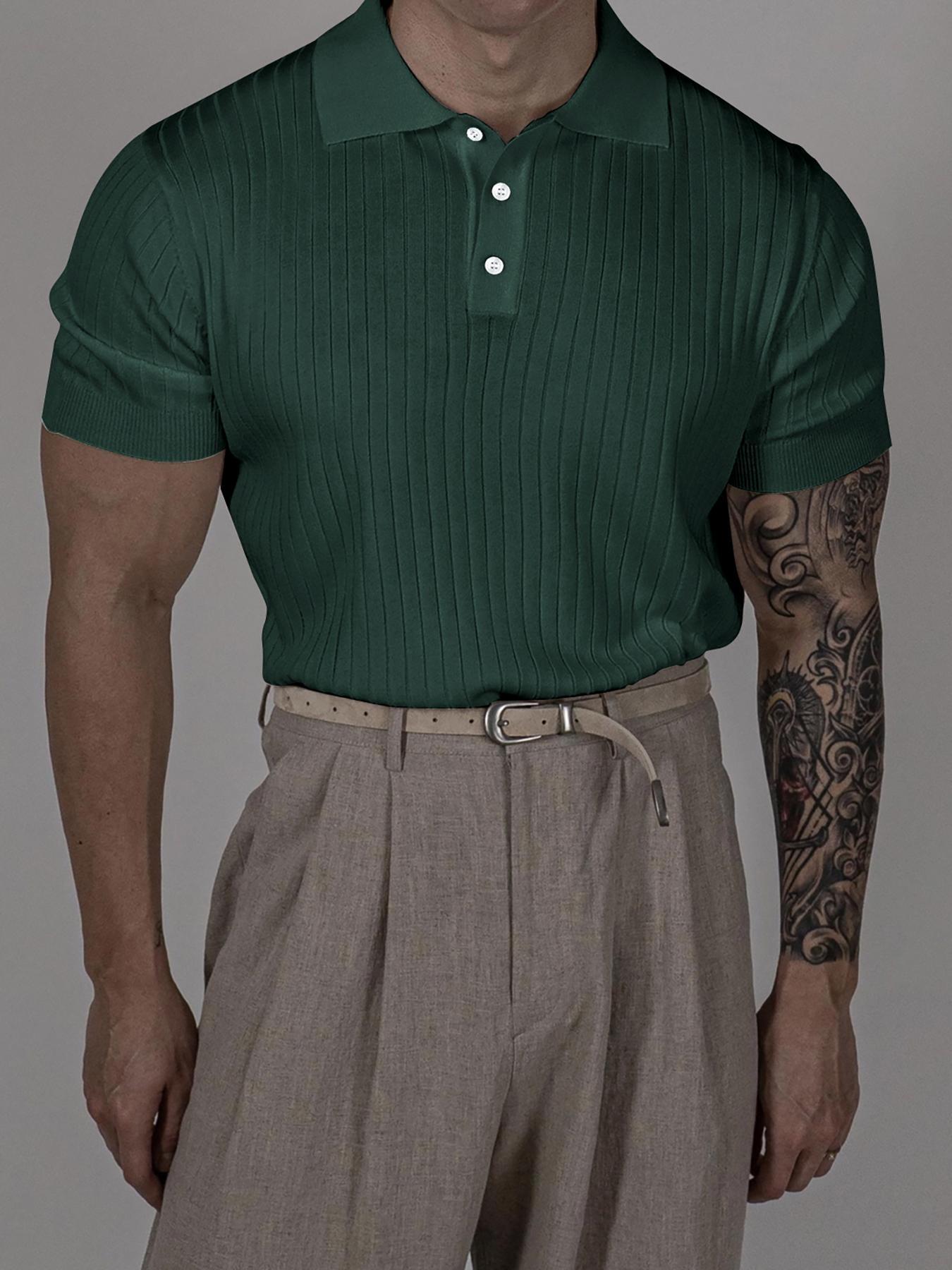 Men's Solid Color Plain Ribbed Knit Polo Shirt, Regular Fit Casual Short Sleeve Collared Knit Top for Summer, Fashion Men's Knitwear for Daily Wear