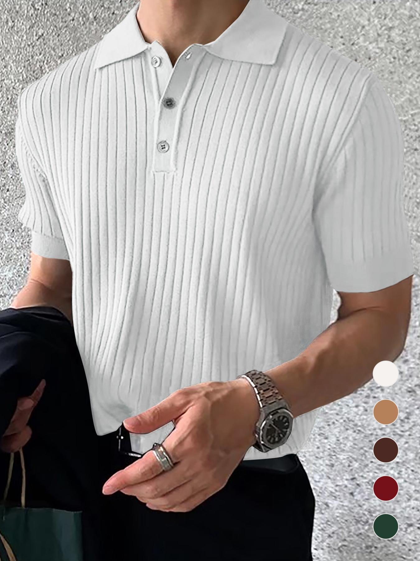 Men's Solid Color Plain Ribbed Knit Polo Shirt, Regular Fit Casual Short Sleeve Collared Knit Top for Summer, Fashion Men's Knitwear for Daily Wear