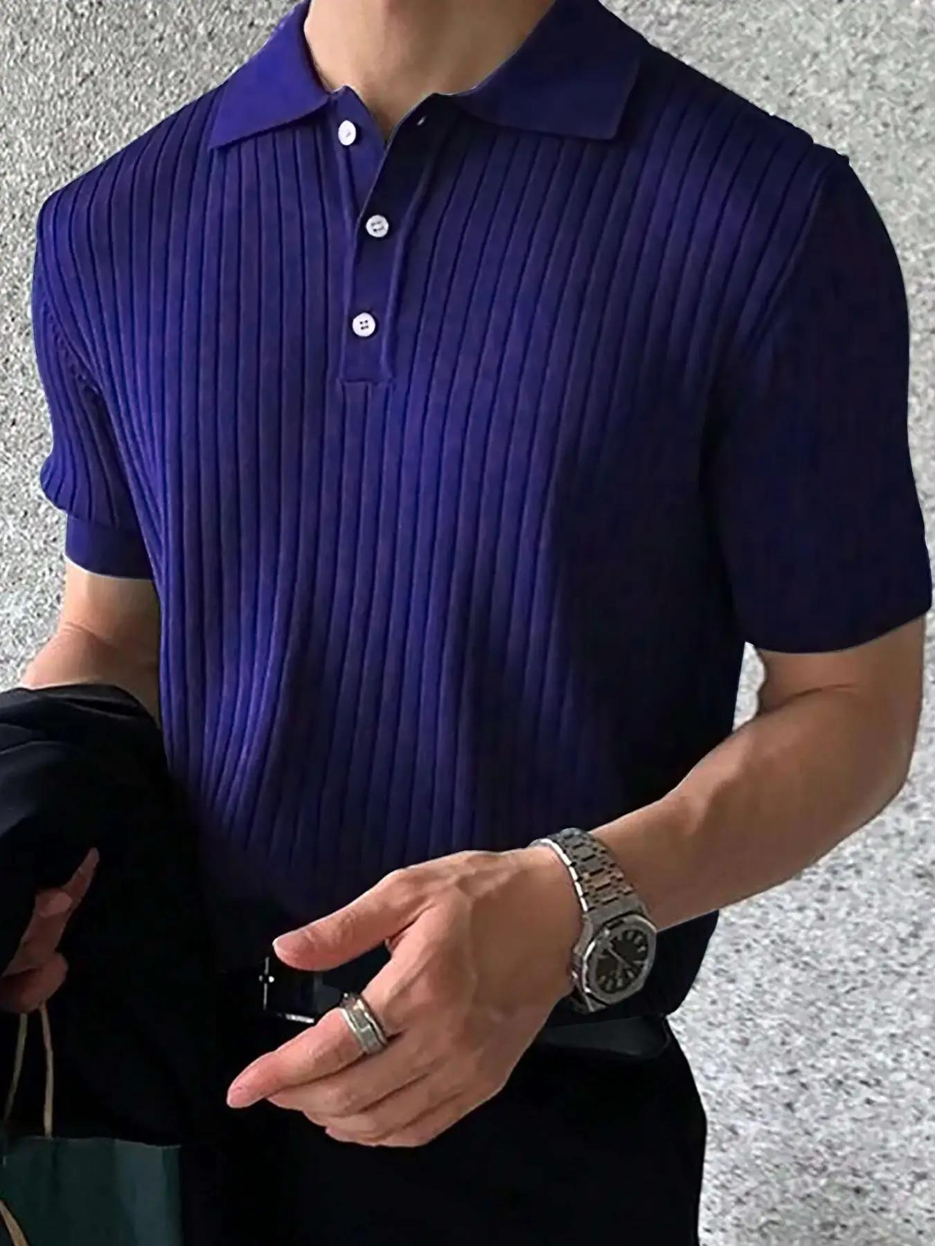 Men's Solid Color Plain Ribbed Knit Polo Shirt, Regular Fit Casual Short Sleeve Collared Knit Top for Summer, Fashion Men's Knitwear for Daily Wear