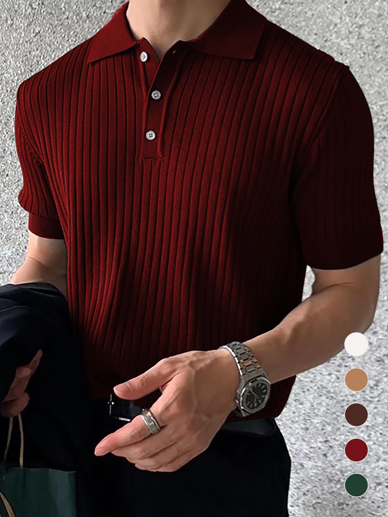 Men's Solid Color Plain Ribbed Knit Polo Shirt, Regular Fit Casual Short Sleeve Collared Knit Top for Summer, Fashion Men's Knitwear for Daily Wear