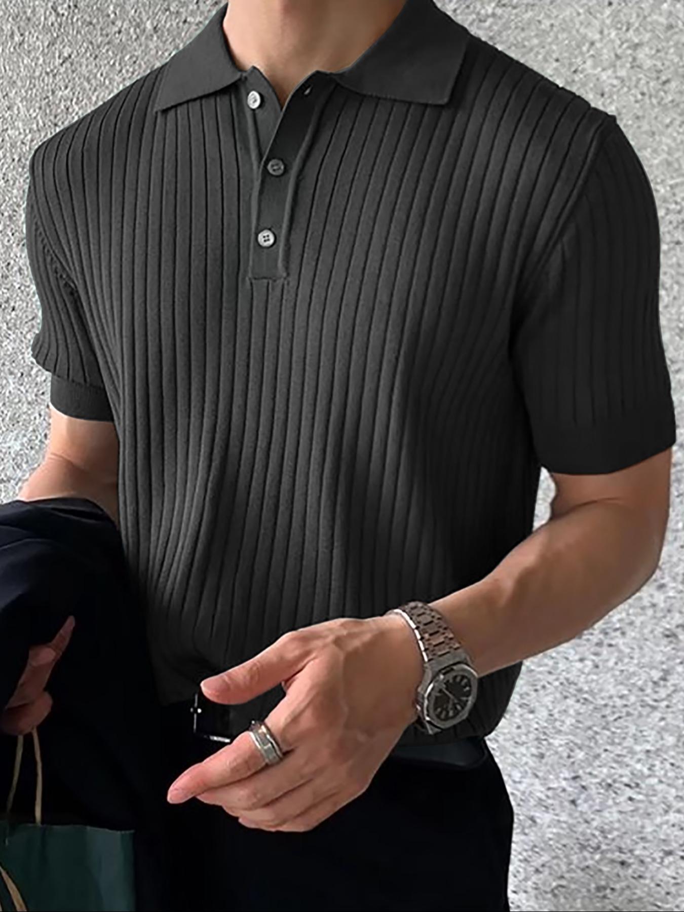 Men's Solid Color Plain Ribbed Knit Polo Shirt, Regular Fit Casual Short Sleeve Collared Knit Top for Summer, Fashion Men's Knitwear for Daily Wear