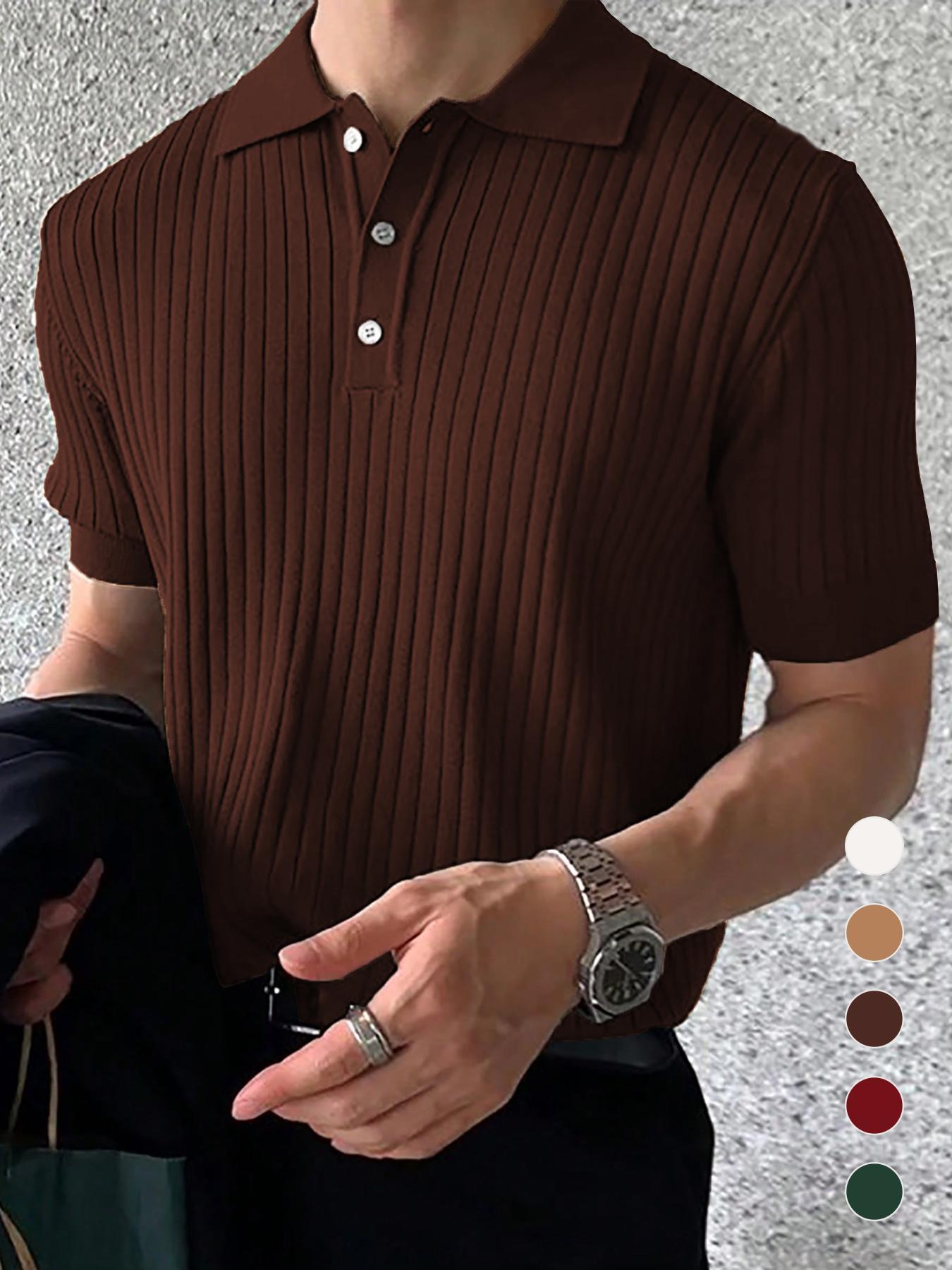 Men's Solid Color Plain Ribbed Knit Polo Shirt, Regular Fit Casual Short Sleeve Collared Knit Top for Summer, Fashion Men's Knitwear for Daily Wear
