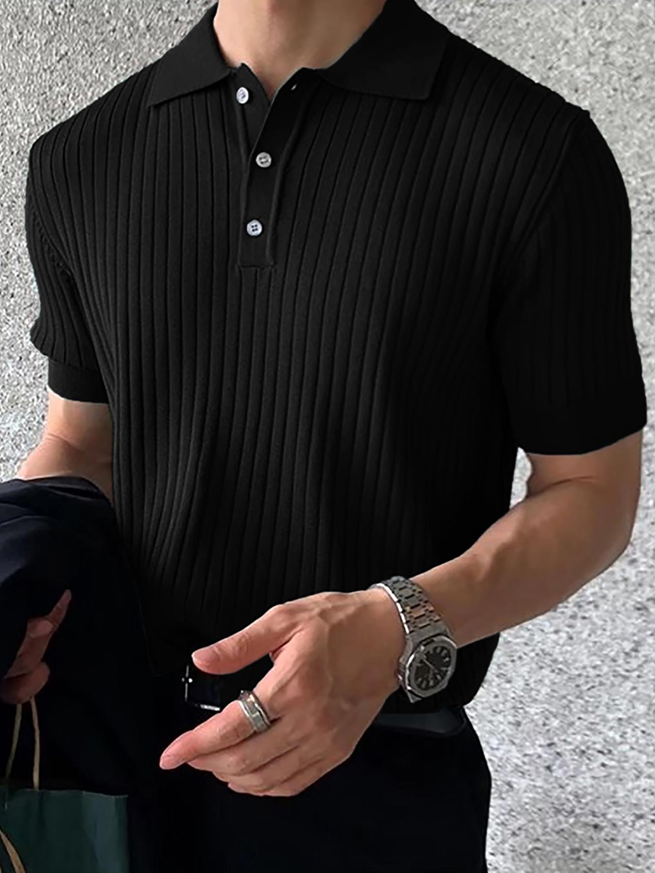 Men's Solid Color Plain Ribbed Knit Polo Shirt, Regular Fit Casual Short Sleeve Collared Knit Top for Summer, Fashion Men's Knitwear for Daily Wear