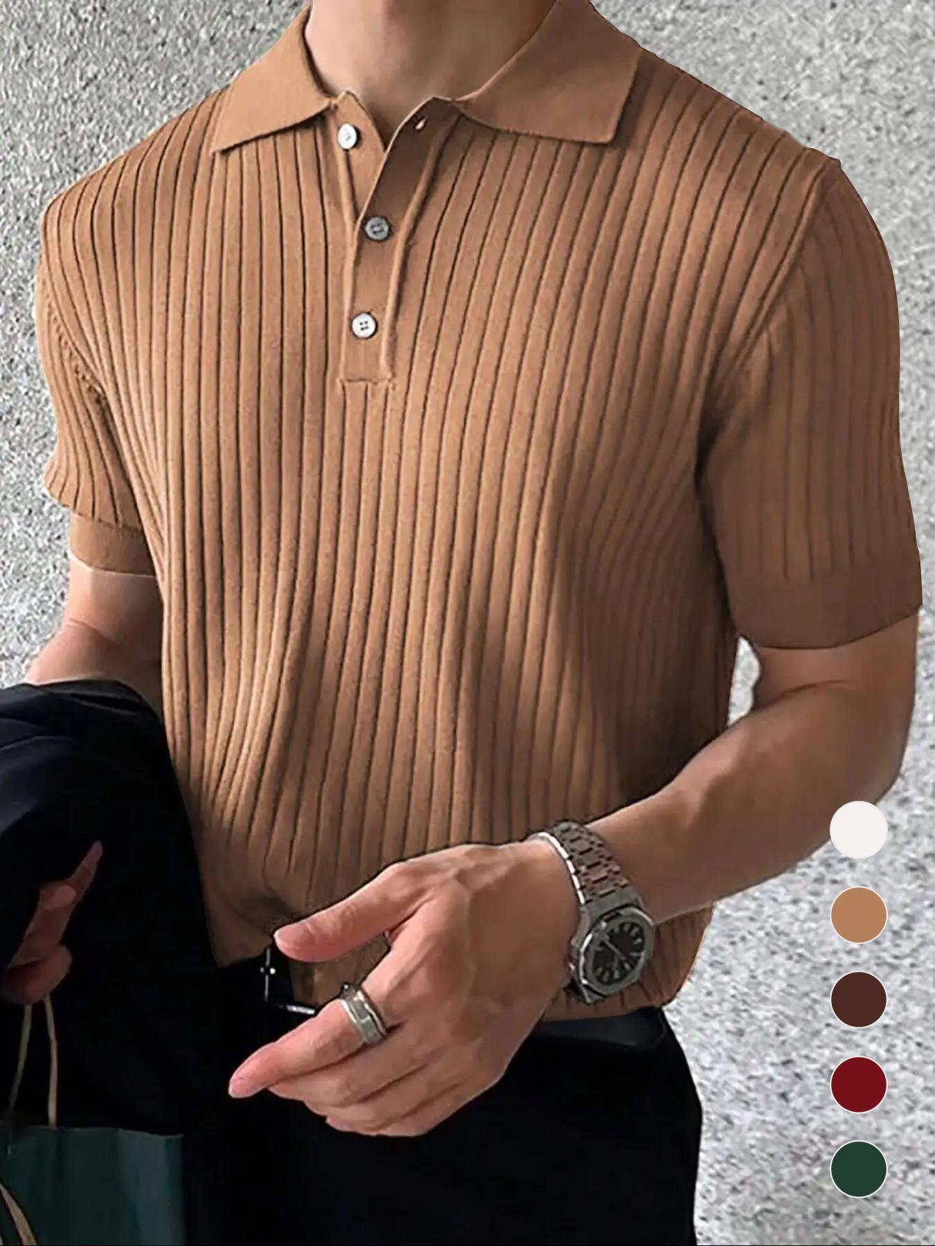 Men's Solid Color Plain Ribbed Knit Polo Shirt, Regular Fit Casual Short Sleeve Collared Knit Top for Summer, Fashion Men's Knitwear for Daily Wear