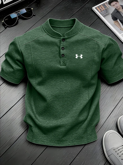 Men's Stand-up Collar Button-down Design Casual Short-sleeved Henley Shirt