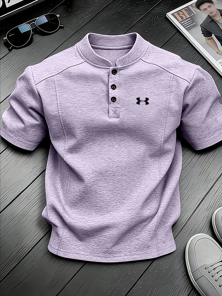 Men's Stand-up Collar Button-down Design Casual Short-sleeved Henley Shirt