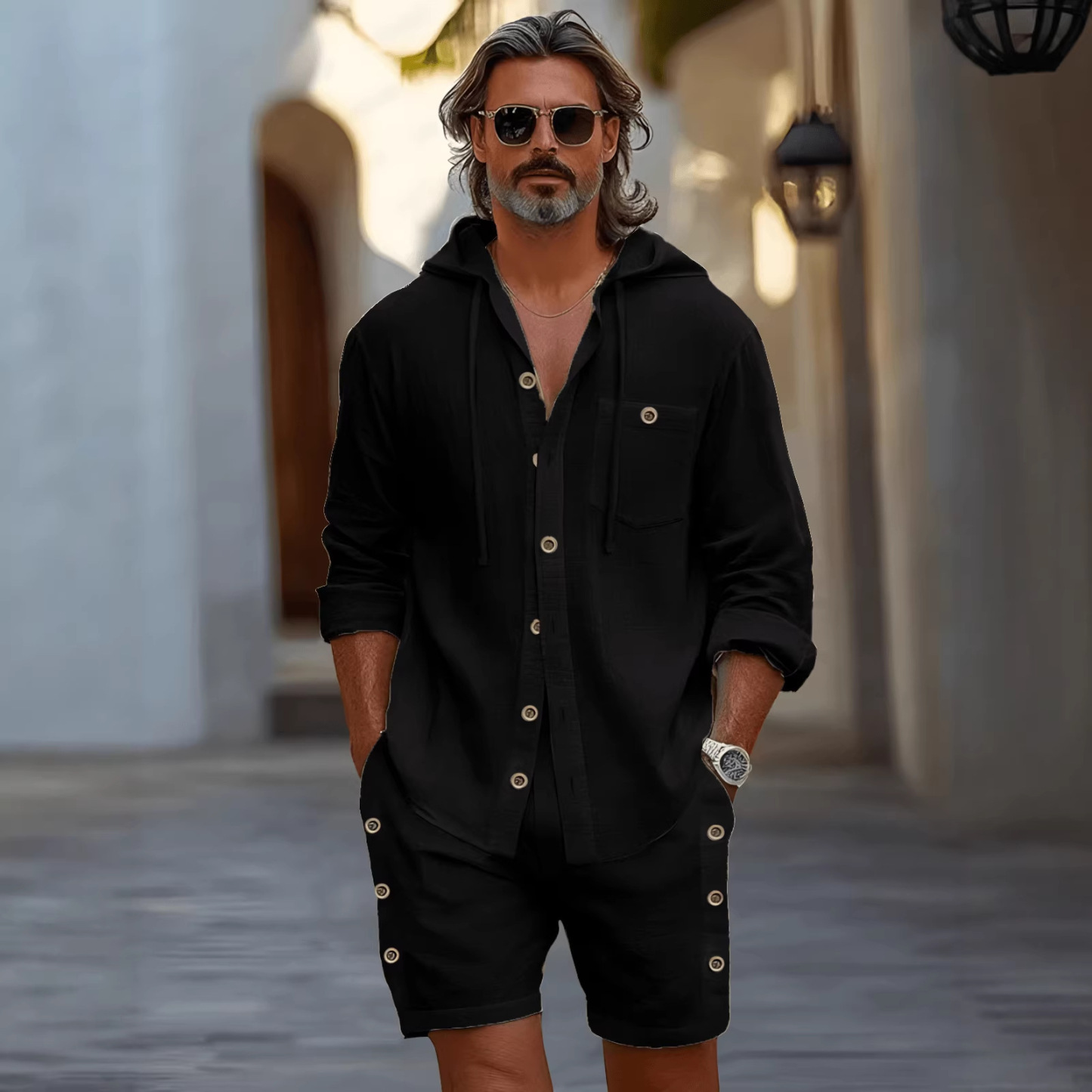 🔥Men's Linen Hooded 2-Piece Set - Casual Shirt & Shorts Outfit