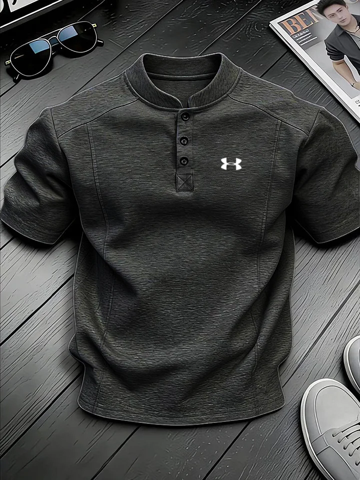 Men's Stand-up Collar Button-down Design Casual Short-sleeved Henley Shirt