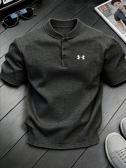 Men's Stand-up Collar Button-down Design Casual Short-sleeved Henley Shirt