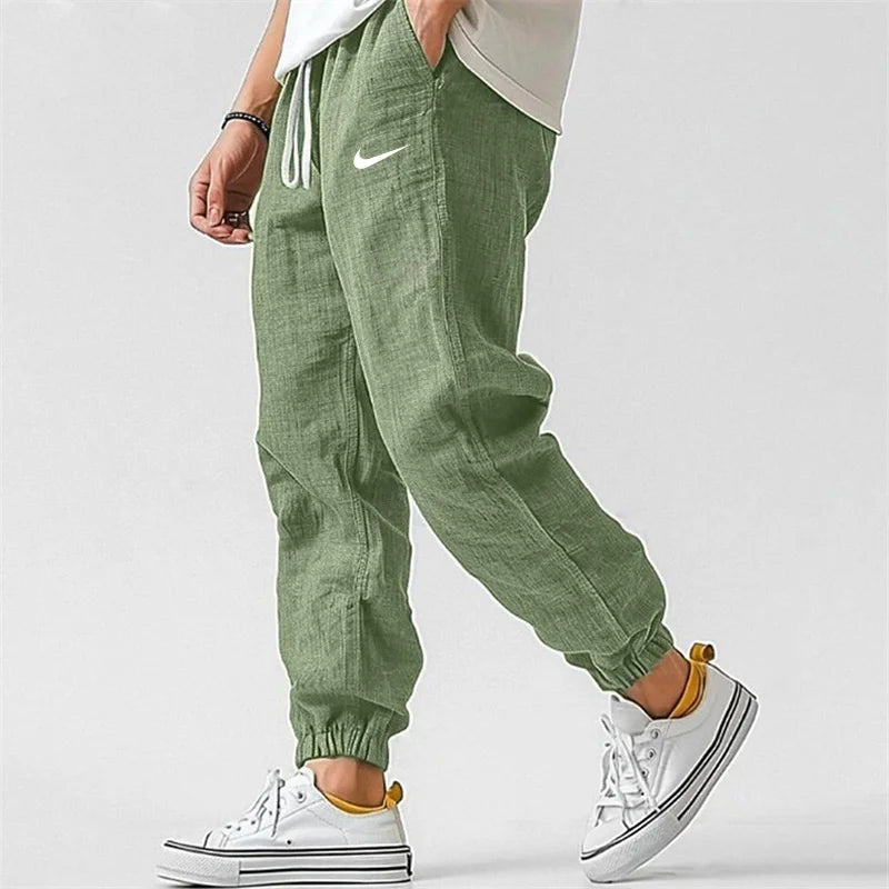 Men's Casual Linen And Cotton Elastic Waist Trousers