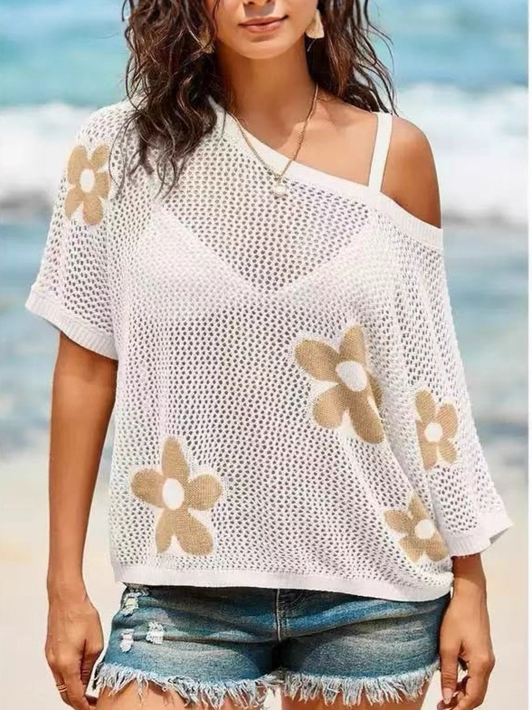Women’s Crochet Knit Hollow Out Cover Up – Lightweight Loose Short Sleeve Pullover for Beach, Vacation & Summer Layering Beach Cover Ups