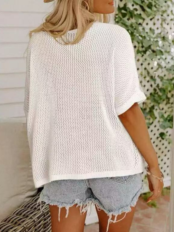 Women’s Crochet Knit Hollow Out Cover Up – Lightweight Loose Short Sleeve Pullover for Beach, Vacation & Summer Layering Beach Cover Ups