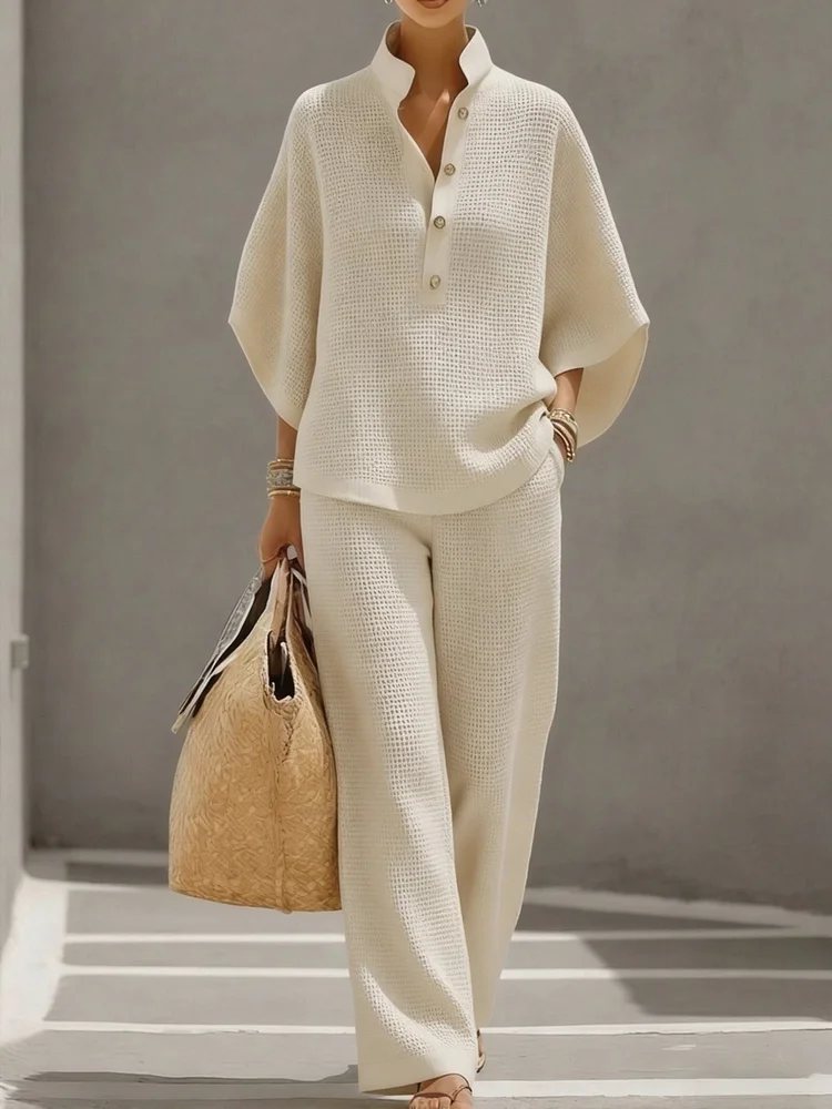 Women's Solid-Color V-Neck Short-Sleeve Casual Waffle-Knit Cotton Top and High-Waisted Wide-Leg Pants Set