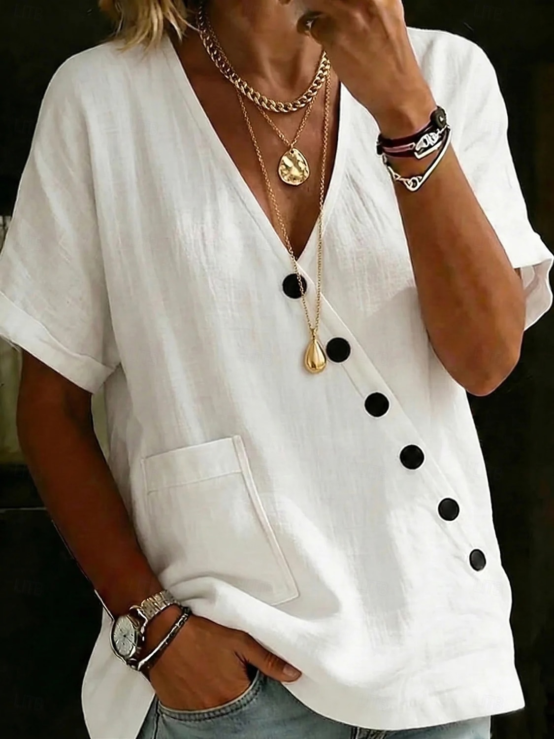 Women's Blouse Faux Linen Shirt Buttons Solid Color Stylish Casual Short Sleeve V Neck Regular Tops Daily Blue White Light Green Khaki Summer Spring 2026 - BHD 10.59 –P1