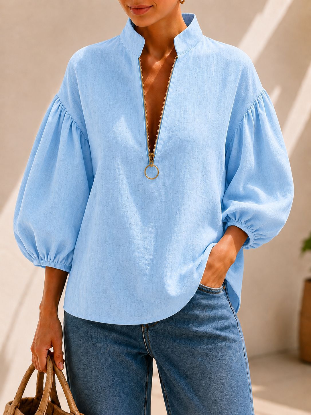 【Summer clearance, 50% off】🔥Women's V-Neck Puff Sleeve Zip Blouse