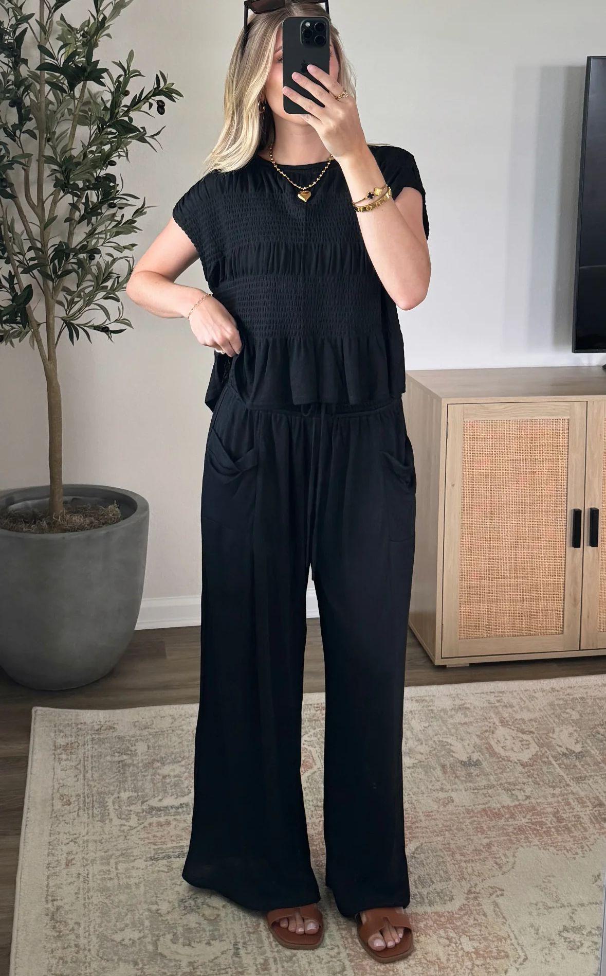 Women's Summer 2-Piece Set Outfit Top + Wide Leg Pants, Soft Breathable Fabric, High Waist Casual, Loose Fit with Pockets