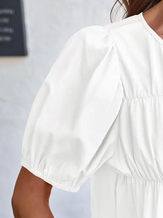 Tiered Round Neck Puff Sleeve Ruched Blouse