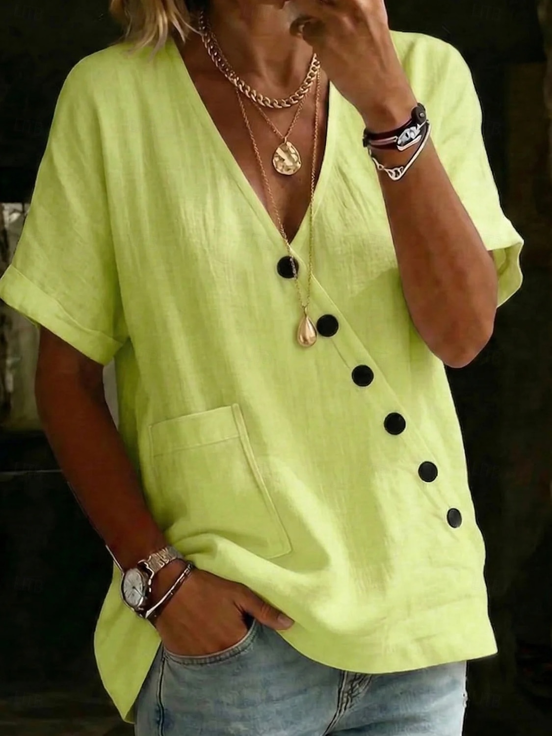 Women's Blouse Faux Linen Shirt Buttons Solid Color Stylish Casual Short Sleeve V Neck Regular Tops Daily Blue White Light Green Khaki Summer Spring 2026 - BHD 10.59 –P3