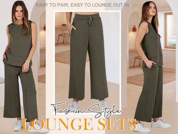 ANRABESS Women's 2 Piece Pants Sets Summer Travel Airplane Outfits Sleeveless Wide Leg Casual Lounge Crewneck Matching Sweat Set Women plus size Sweatsuits
