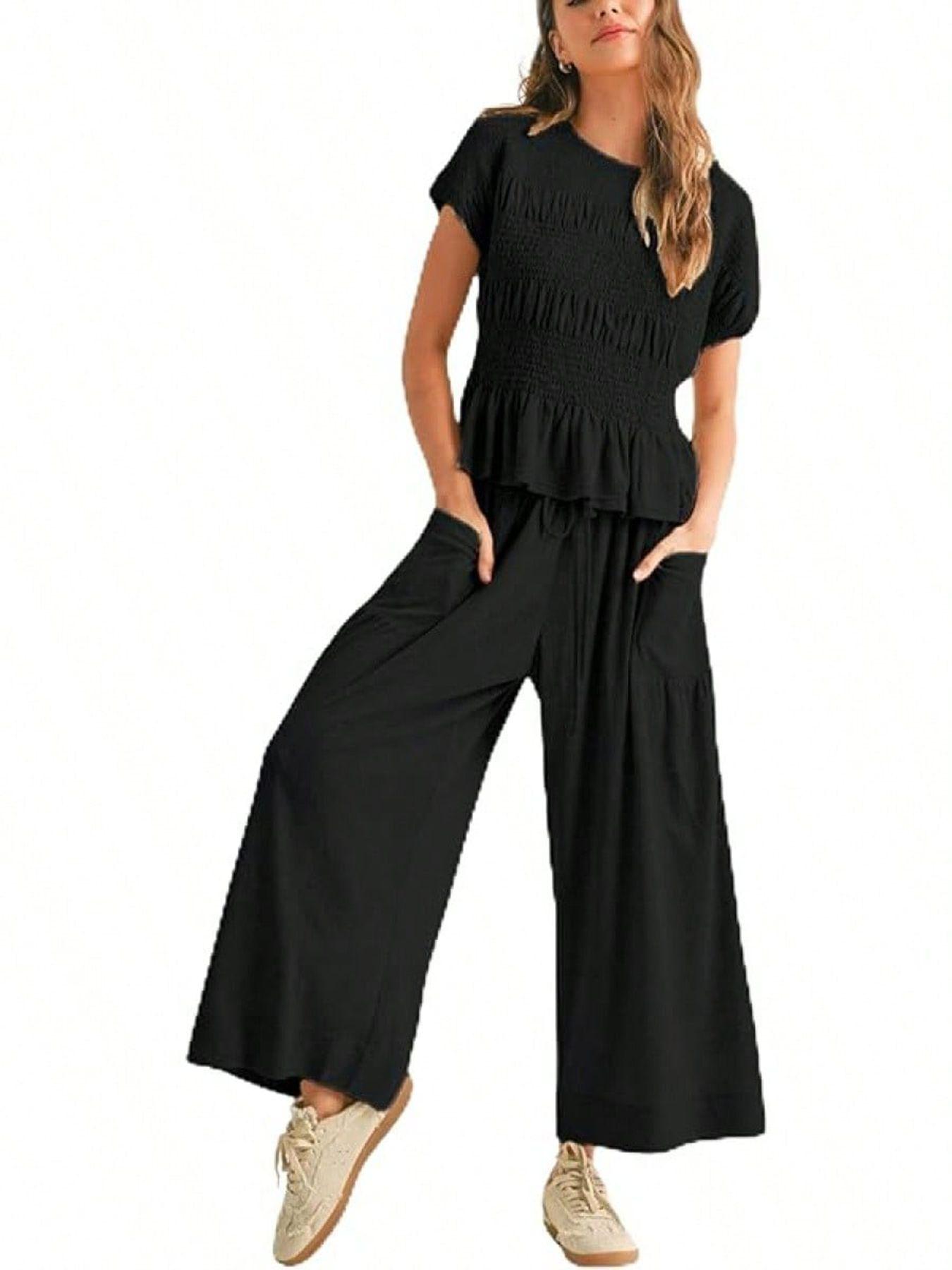 Women's Summer 2-Piece Set Outfit Top + Wide Leg Pants, Soft Breathable Fabric, High Waist Casual, Loose Fit with Pockets