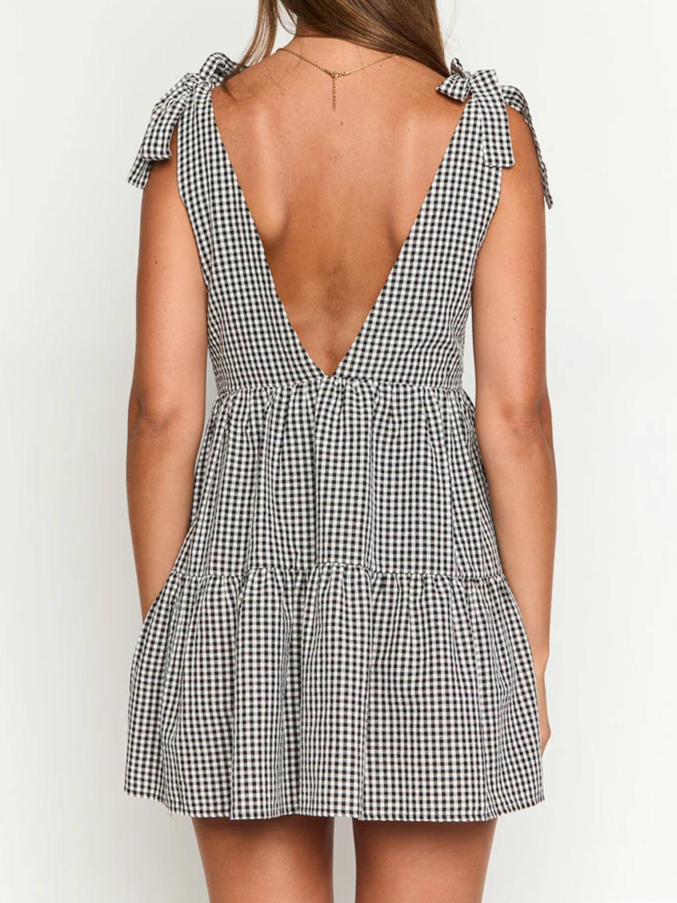 Women's Plaid Print Bow Decor Tie Shoulder Dress, Casual Fashion Gingham Dress for Daily Holiday Vacation Wear, Ladies Dress for Summer