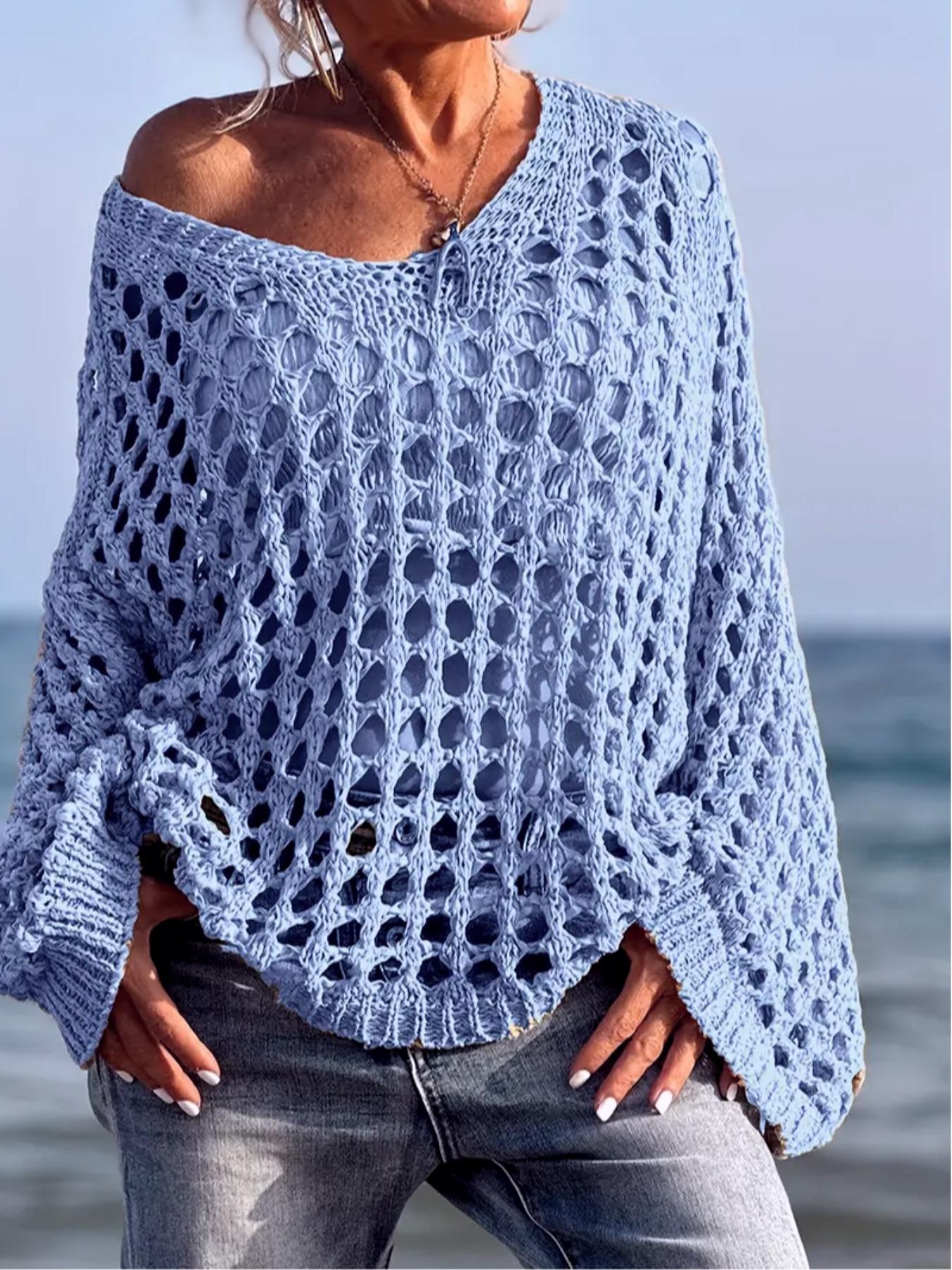 Women's Casual Loose-Fit V Neck Top, Hollow Out Design, Polyester Knit Fabric, Hand Washable, All Season Wear, Knitwear