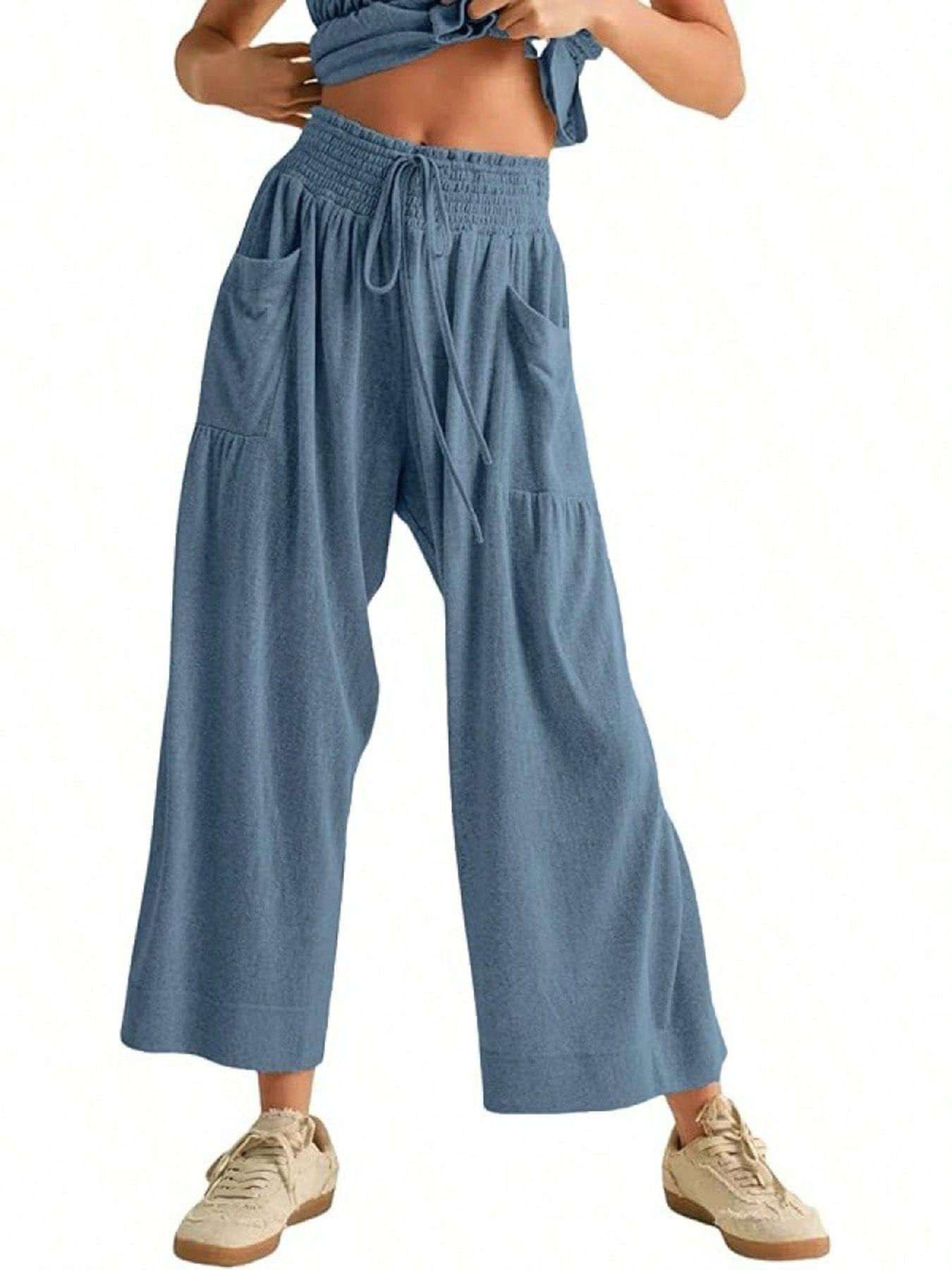 Women's Summer 2-Piece Set Outfit Top + Wide Leg Pants, Soft Breathable Fabric, High Waist Casual, Loose Fit with Pockets