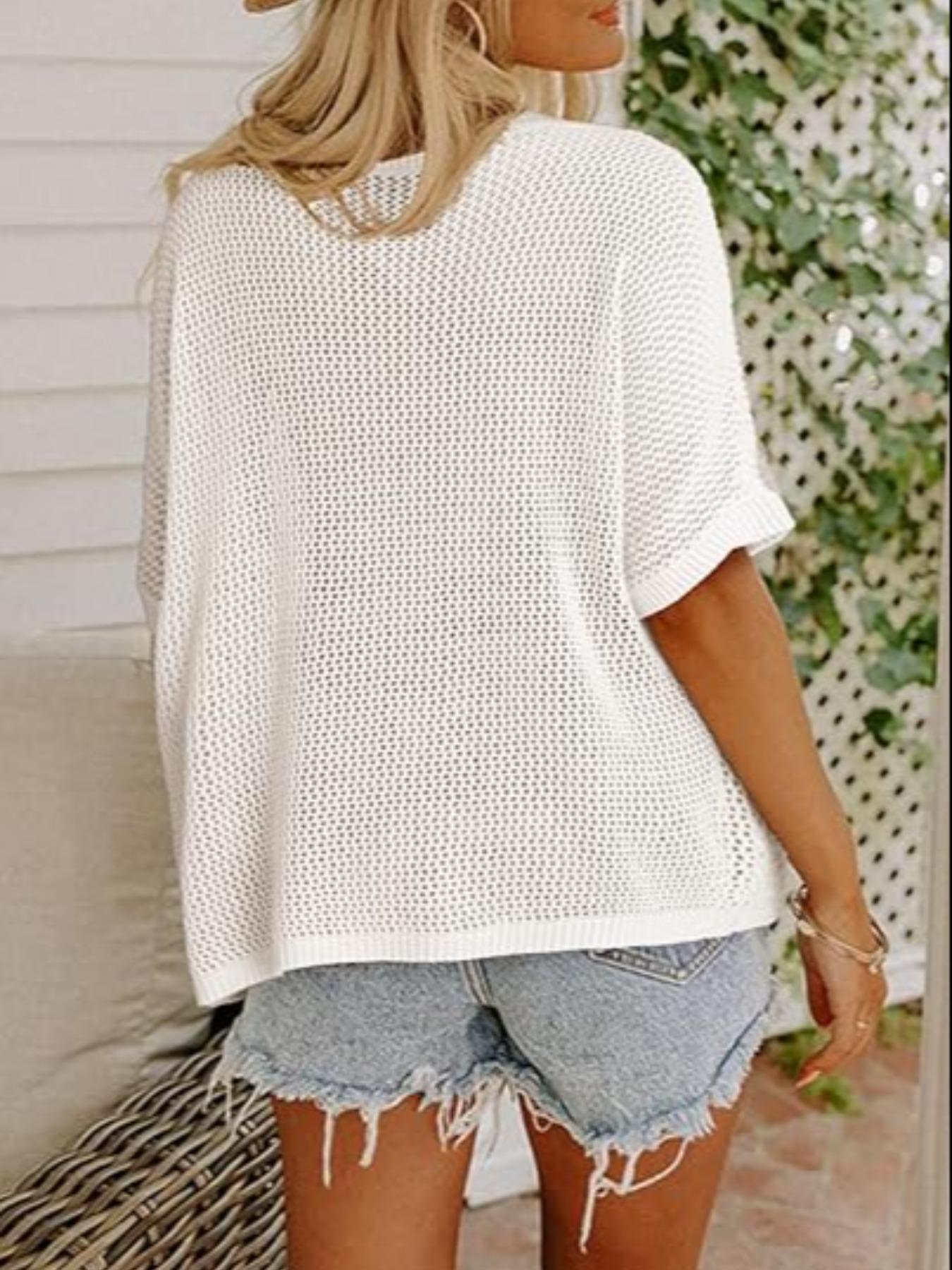 Women&rsquo;s Crochet Knit Hollow Out Cover Up &ndash; Lightweight Loose Short Sleeve Pullover for Beach, Vacation & Summer Layering Beach Cover Ups