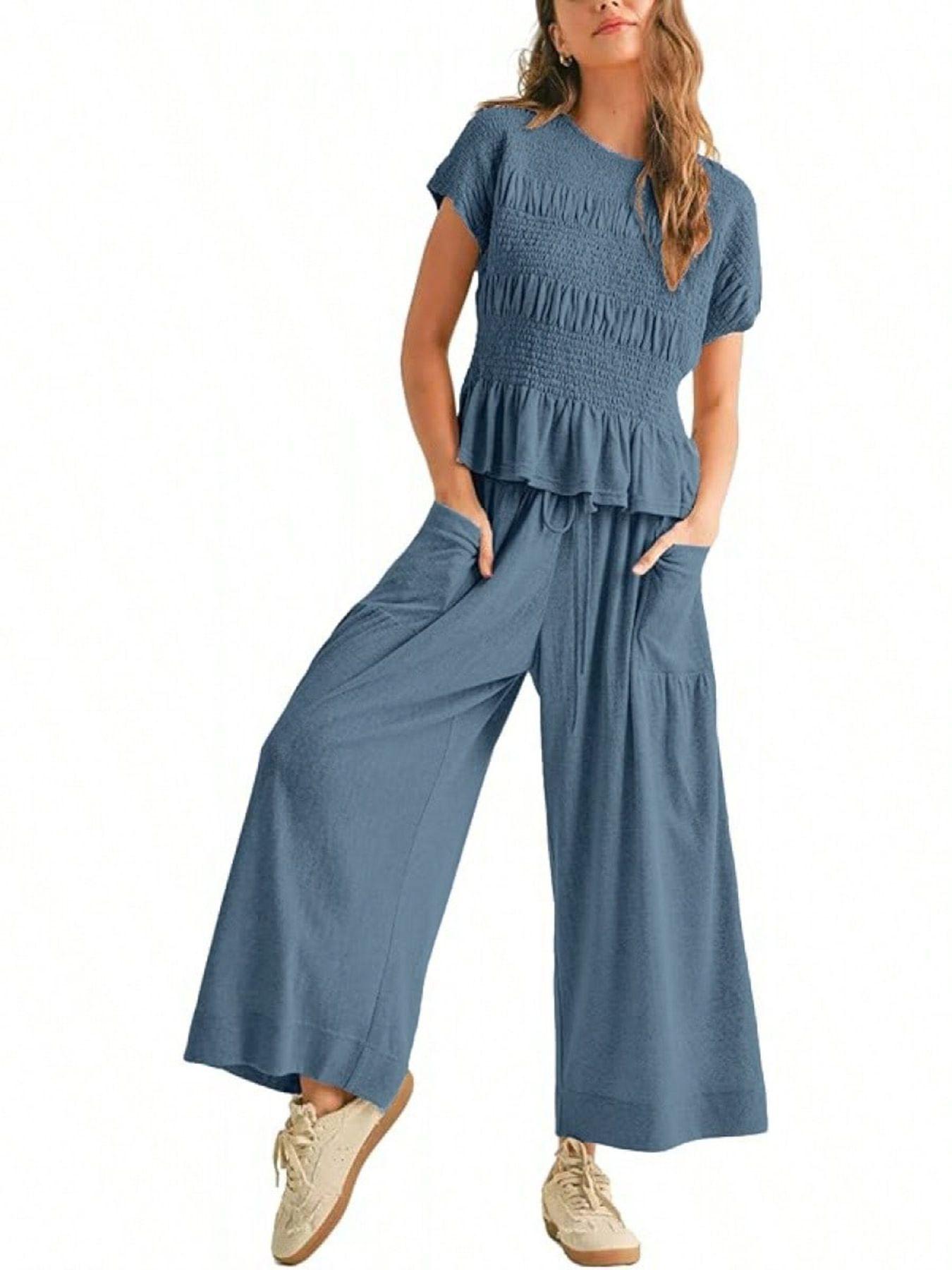 Women's Summer 2-Piece Set Outfit Top + Wide Leg Pants, Soft Breathable Fabric, High Waist Casual, Loose Fit with Pockets