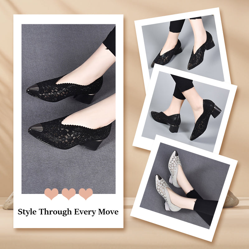 💥HOT SALE 50% OFF✨Hollow mesh sandals with rhinestone and chunky heel