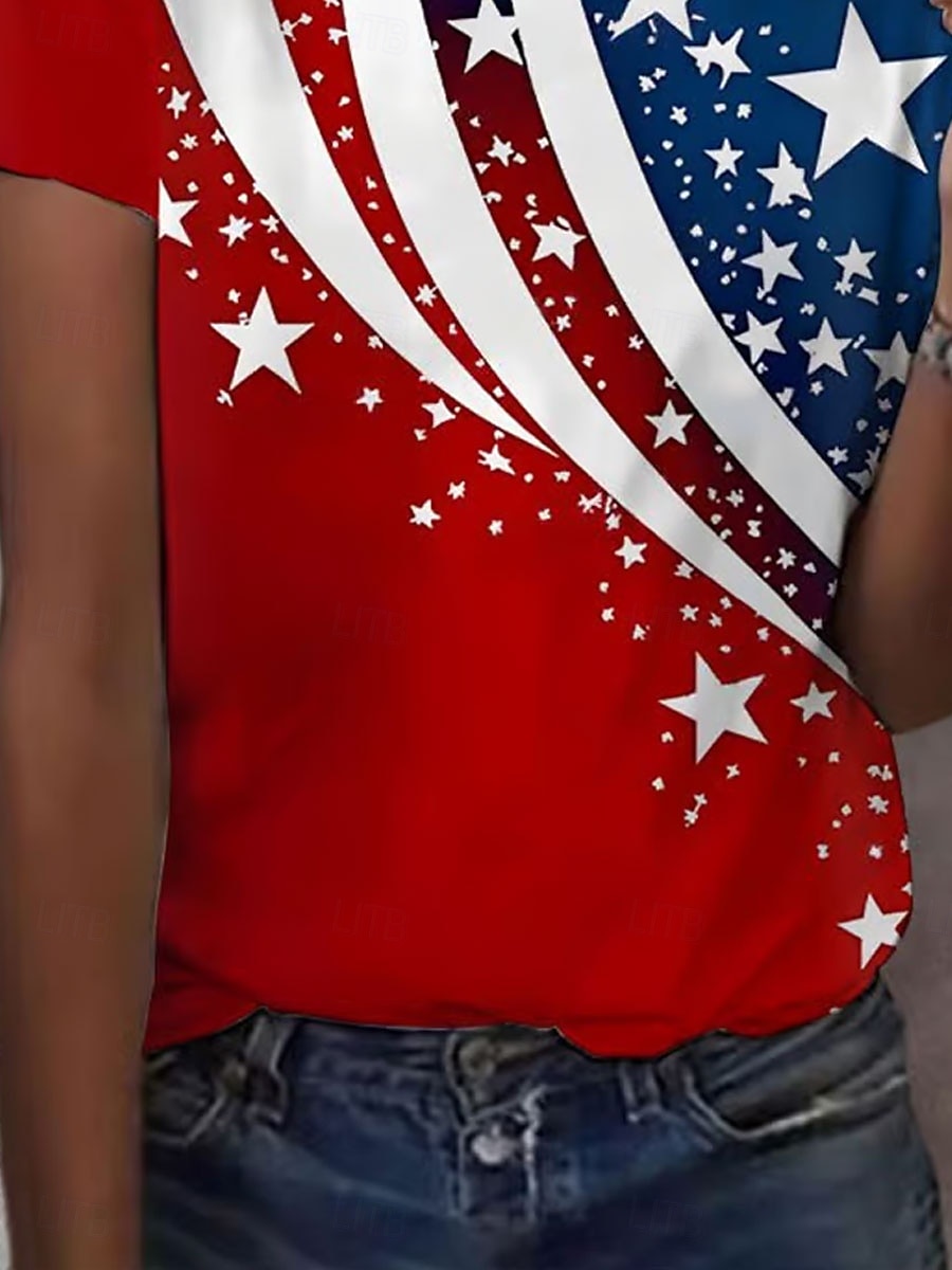 Independence Day Patriotic Women's T Shirt Graphic Flag Vintage Stylish Classic Short Sleeve Crew Neck Regular Tops Daily Weekend Print Red Summer 2026 - KZT 11744.78 &ndash;P4