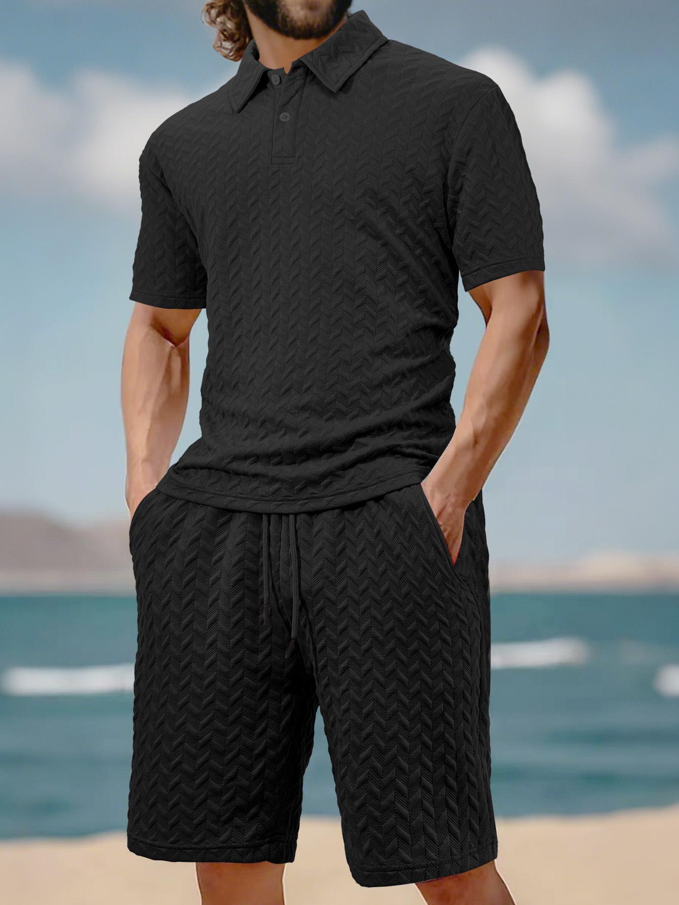 Men's Solid Polo Shirt & Drawstring Waist Shorts Set, Cozy Breathable Two-piece Outfits for Daily Outdoor Wear, Men Clothes for Summer.It is recommended to buy one size larger.