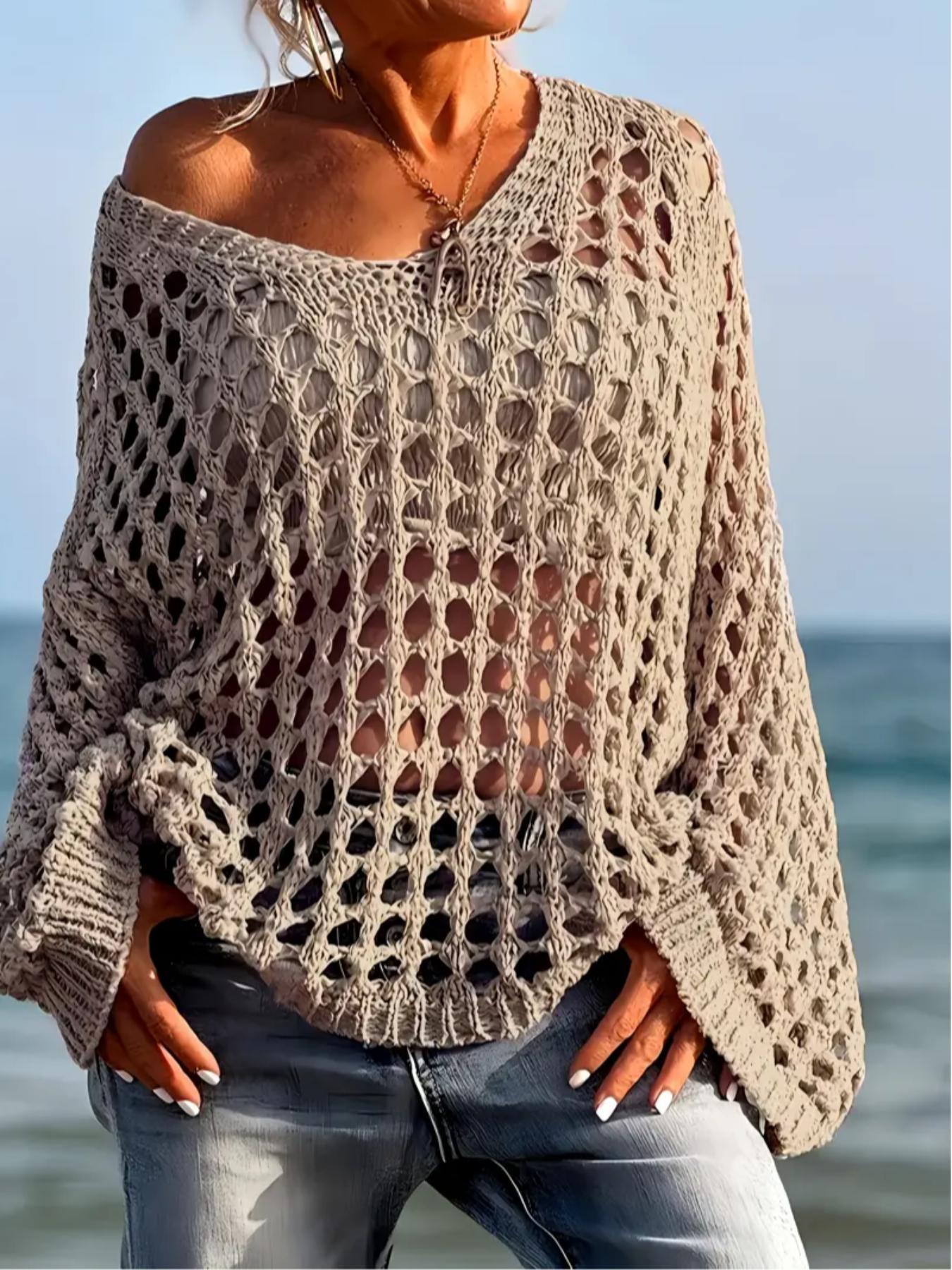 Women's Casual Loose-Fit V Neck Top, Hollow Out Design, Polyester Knit Fabric, Hand Washable, All Season Wear, Knitwear