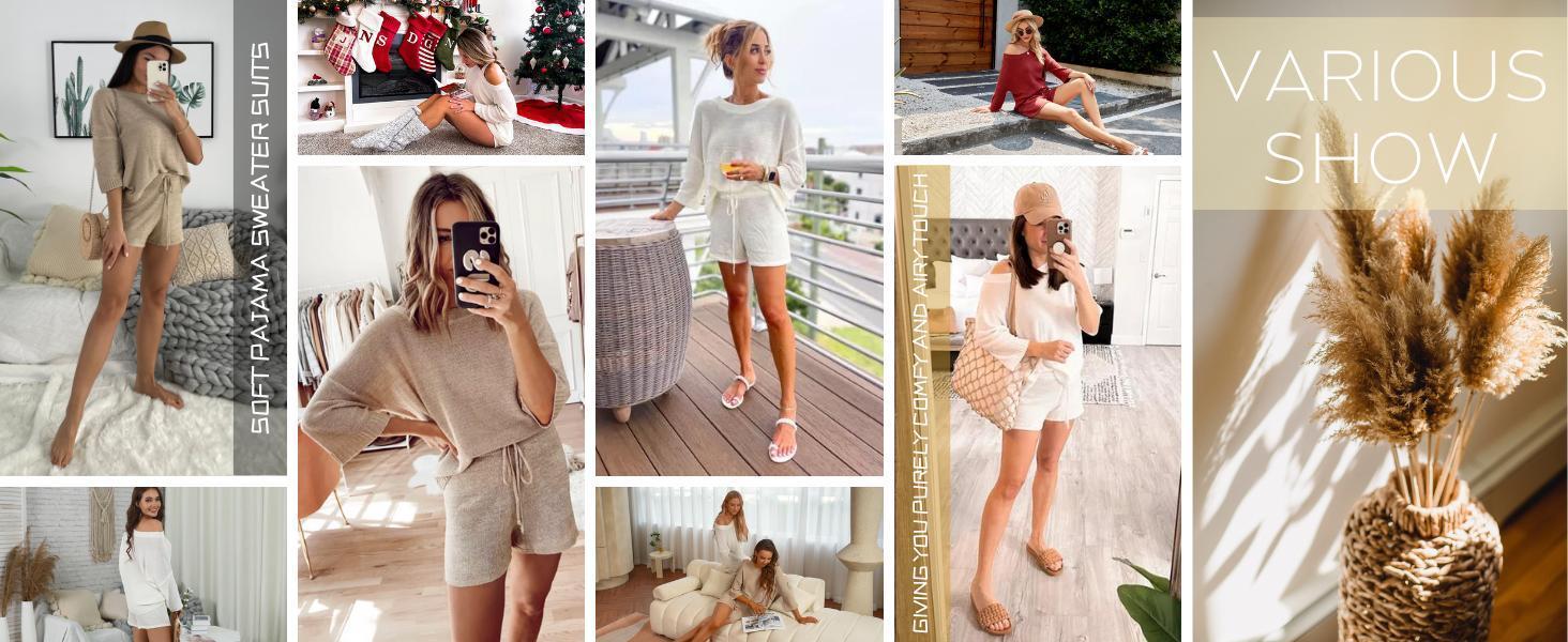 【New】Imily bela Women's 2 Piece Outfits Sweater Sets Off Shoulder Knit Top Shorts Matching Suits Cute Pajama Lounge Set