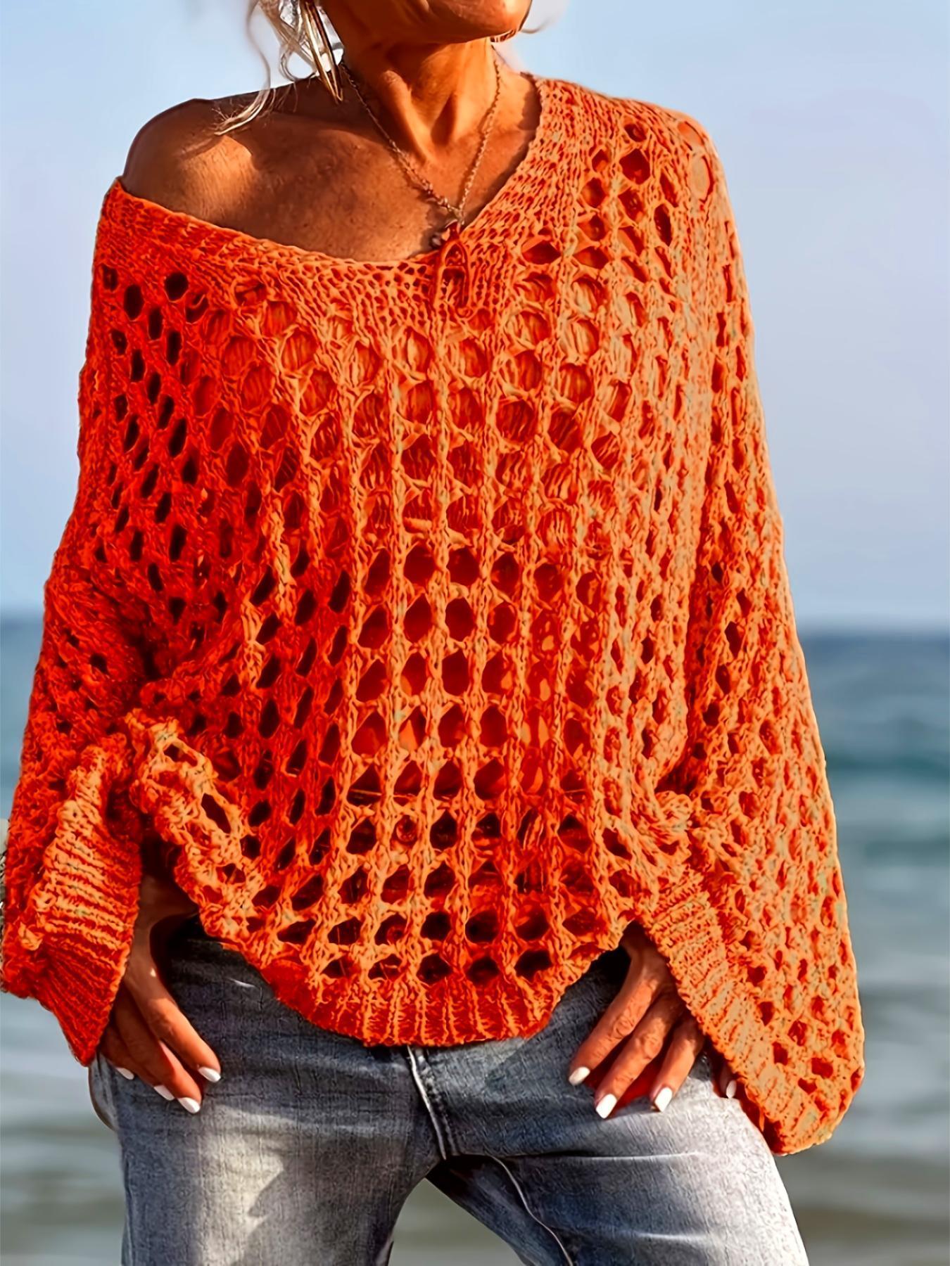 Women's Casual Loose-Fit V Neck Top, Hollow Out Design, Polyester Knit Fabric, Hand Washable, All Season Wear, Knitwear
