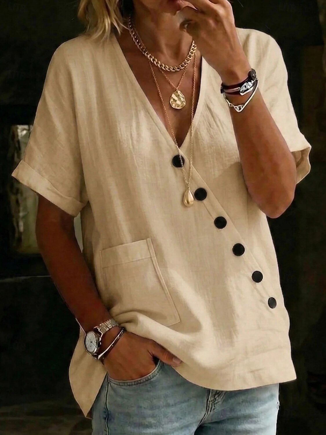 Women's Blouse Faux Linen Shirt Buttons Solid Color Stylish Casual Short Sleeve V Neck Regular Tops Daily Blue White Light Green Khaki Summer Spring 2026 - BHD 10.59 –P4