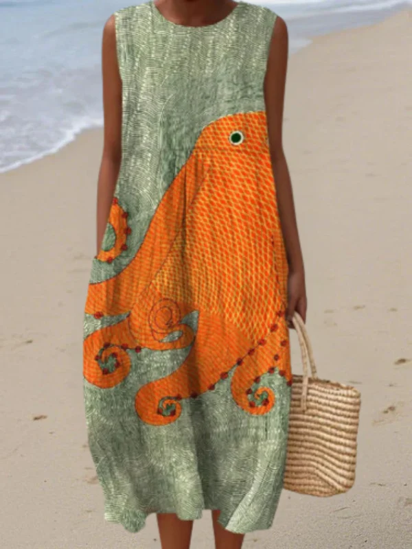 Women's Abstract Pattern Art Print Cotton Dress Boho Floral Print  Loose Summer