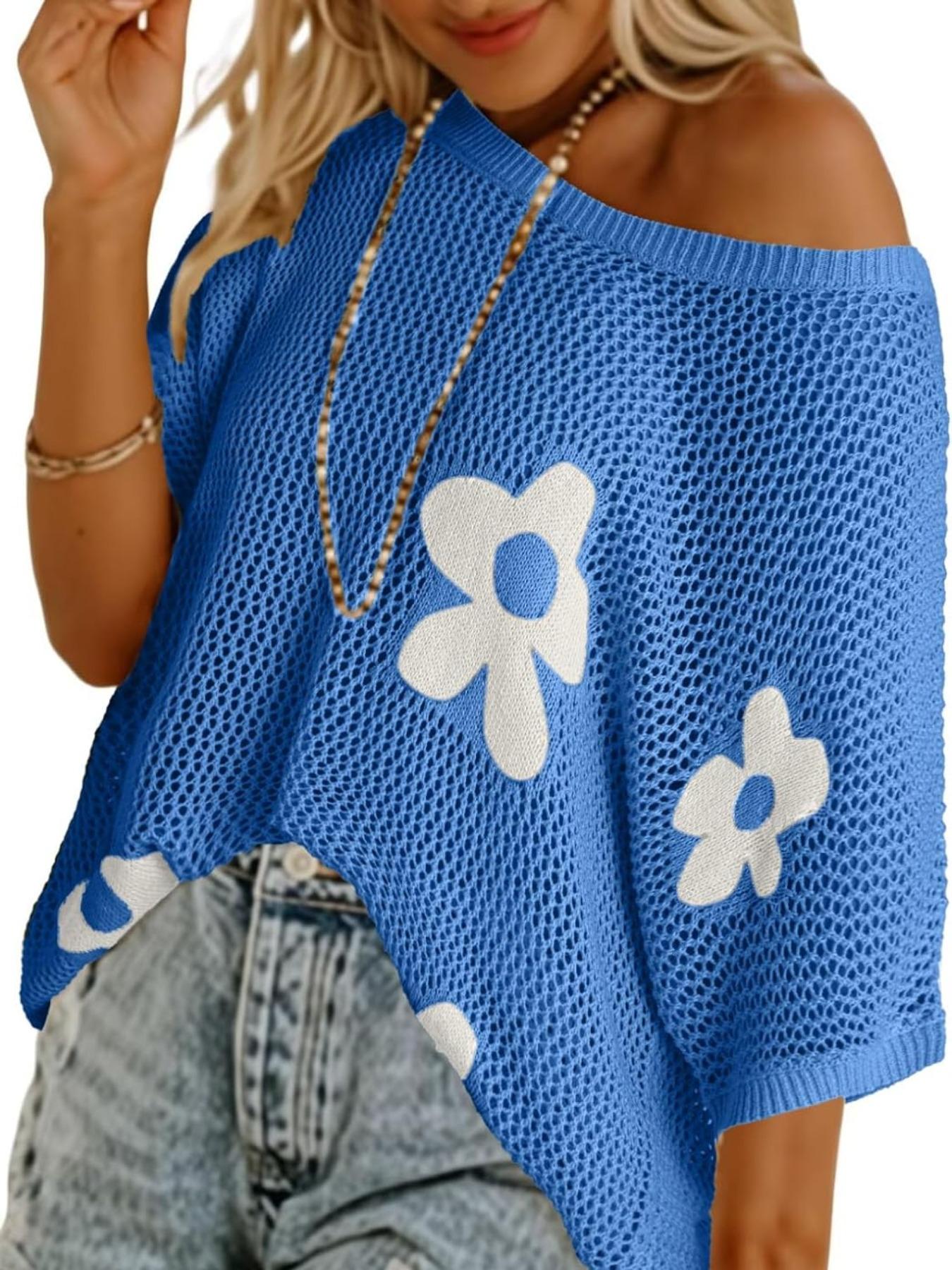 Women&rsquo;s Crochet Knit Hollow Out Cover Up &ndash; Lightweight Loose Short Sleeve Pullover for Beach, Vacation & Summer Layering Beach Cover Ups
