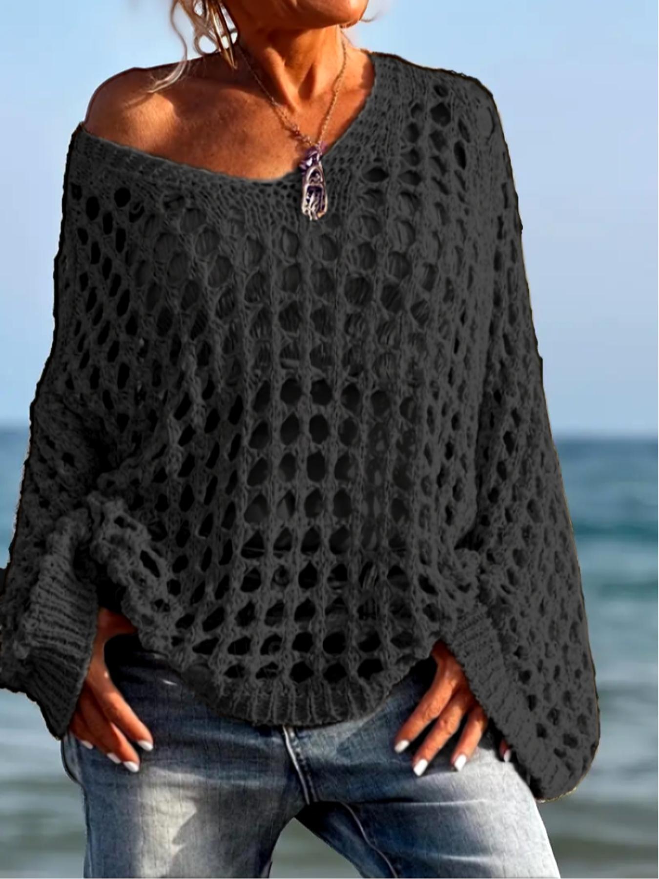 Women's Casual Loose-Fit V Neck Top, Hollow Out Design, Polyester Knit Fabric, Hand Washable, All Season Wear, Knitwear