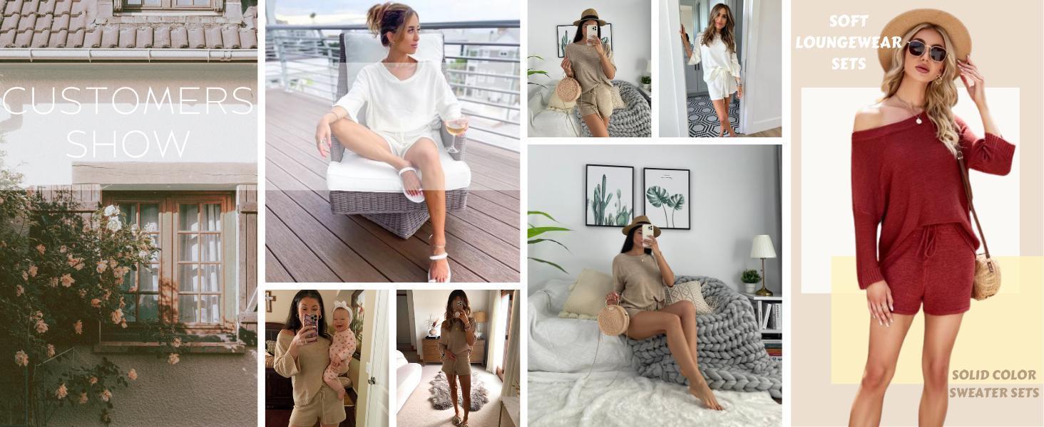 【New】Imily bela Women's 2 Piece Outfits Sweater Sets Off Shoulder Knit Top Shorts Matching Suits Cute Pajama Lounge Set
