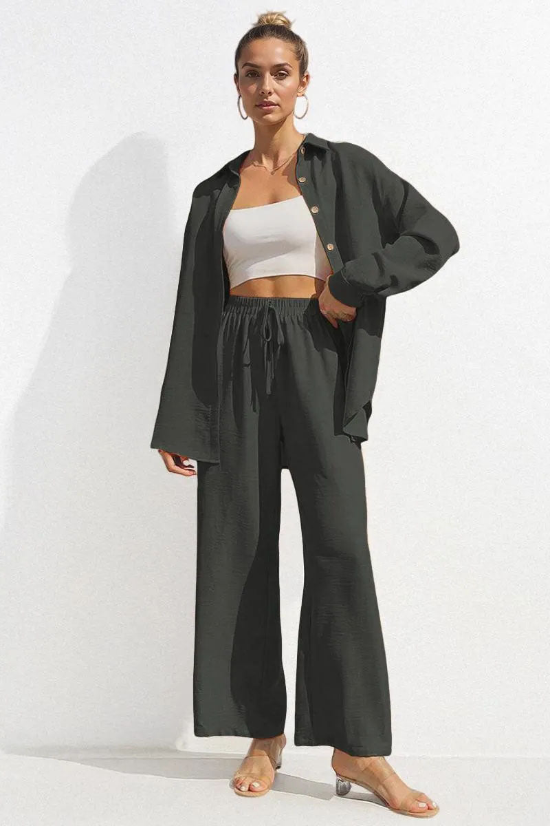 Basic Collared Long Sleeve Shirt & Drawstring Waist Trousers Co-ord