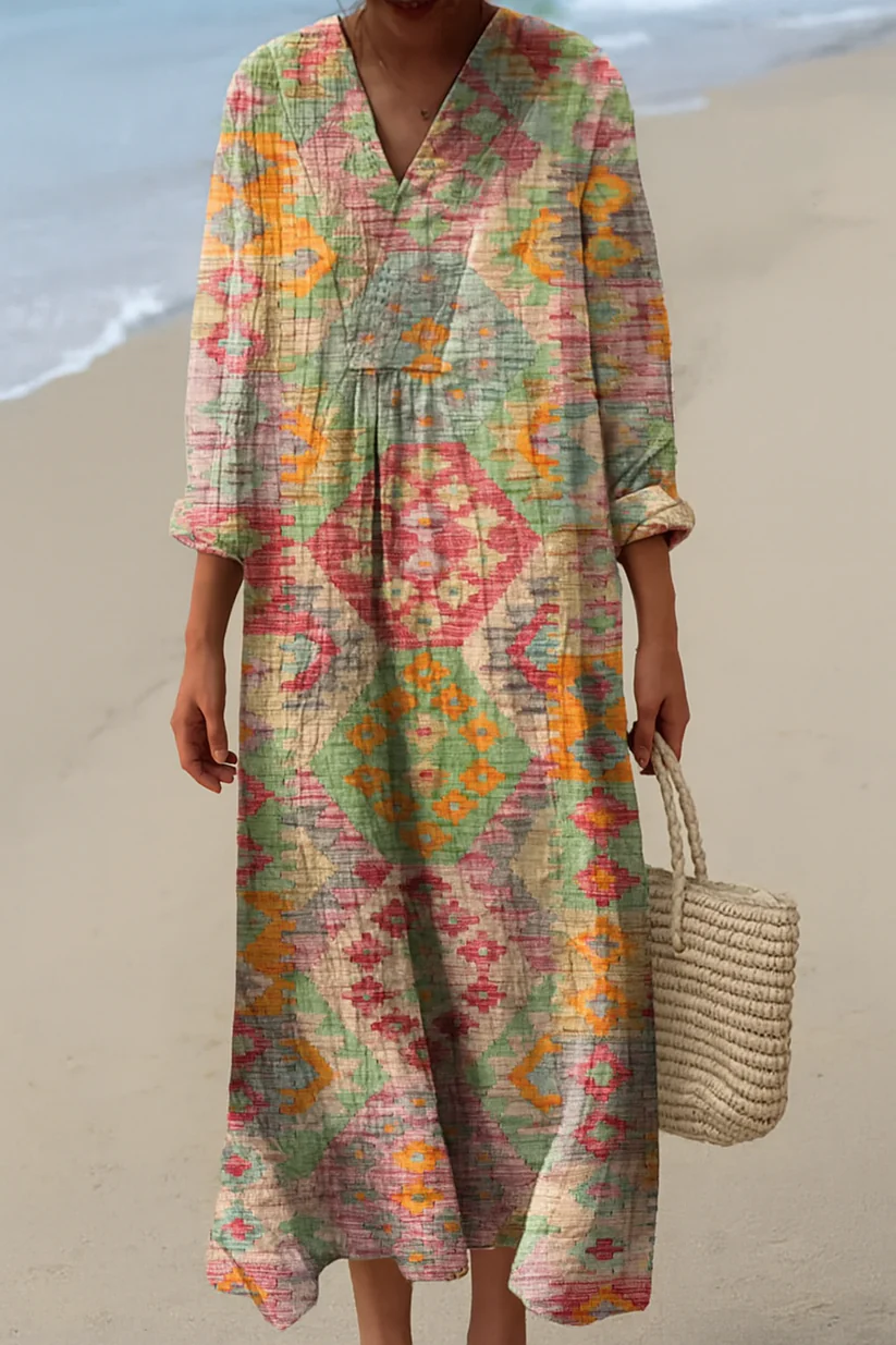 Women's Abstract Pattern Art Print Cotton Dress Boho Floral Print  Loose Summer