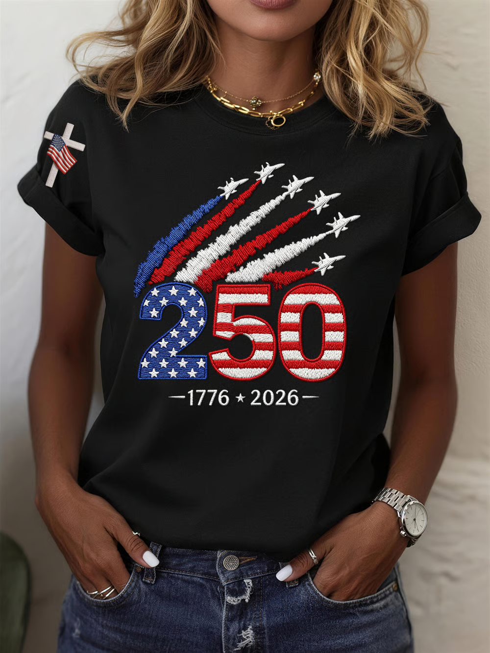 Women USA 250th Anniversary Embroidered Print Crew Neck Short Sleeve T-Shirt