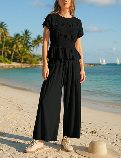 Women's Summer 2-Piece Set Outfit Top + Wide Leg Pants, Soft Breathable Fabric, High Waist Casual, Loose Fit with Pockets